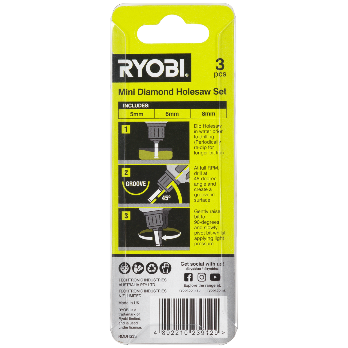 Ryobi 3 Piece Mini Diamond Holesaw Set Tile Porcelain Glass Stone