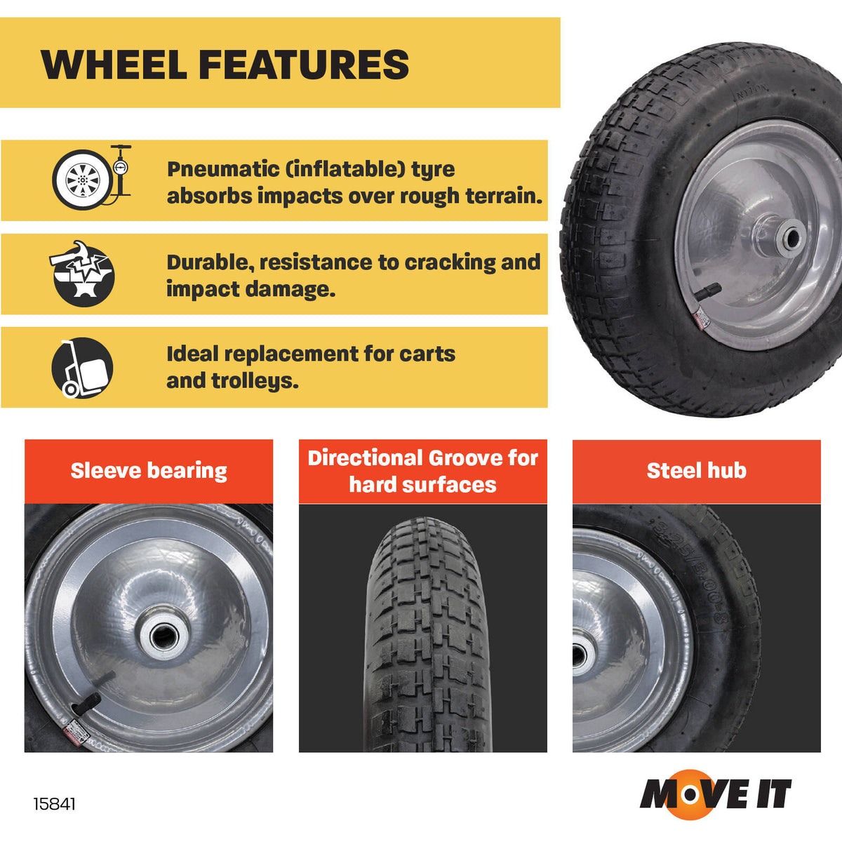 Move It 3.0 x 8" Pneumatic Wheelbarrow Wheel, 5/8" Bore, 100kg
