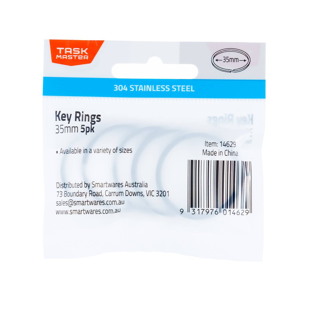 Taskmaster 35mm 304 Grade Stainless Steel Key Ring 5 Pack