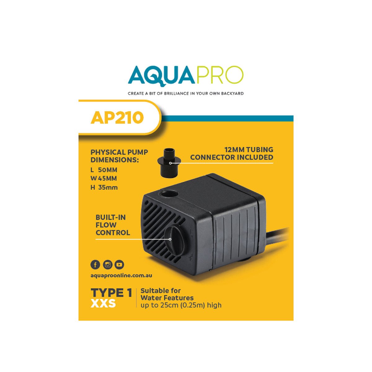 Aquapro AP210 Tabletop Water Feature Pump 2W Submersible Indoor, Adjustable Flow, 8mm Tubing