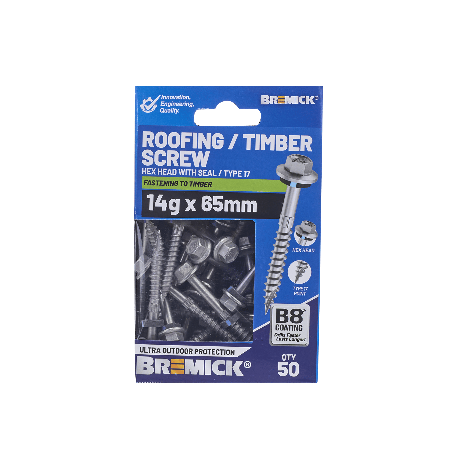 Bremick 14G x 65mm Hex Roofing Screw with Seal, Type 17 Coarse Thread - 50 Pack
