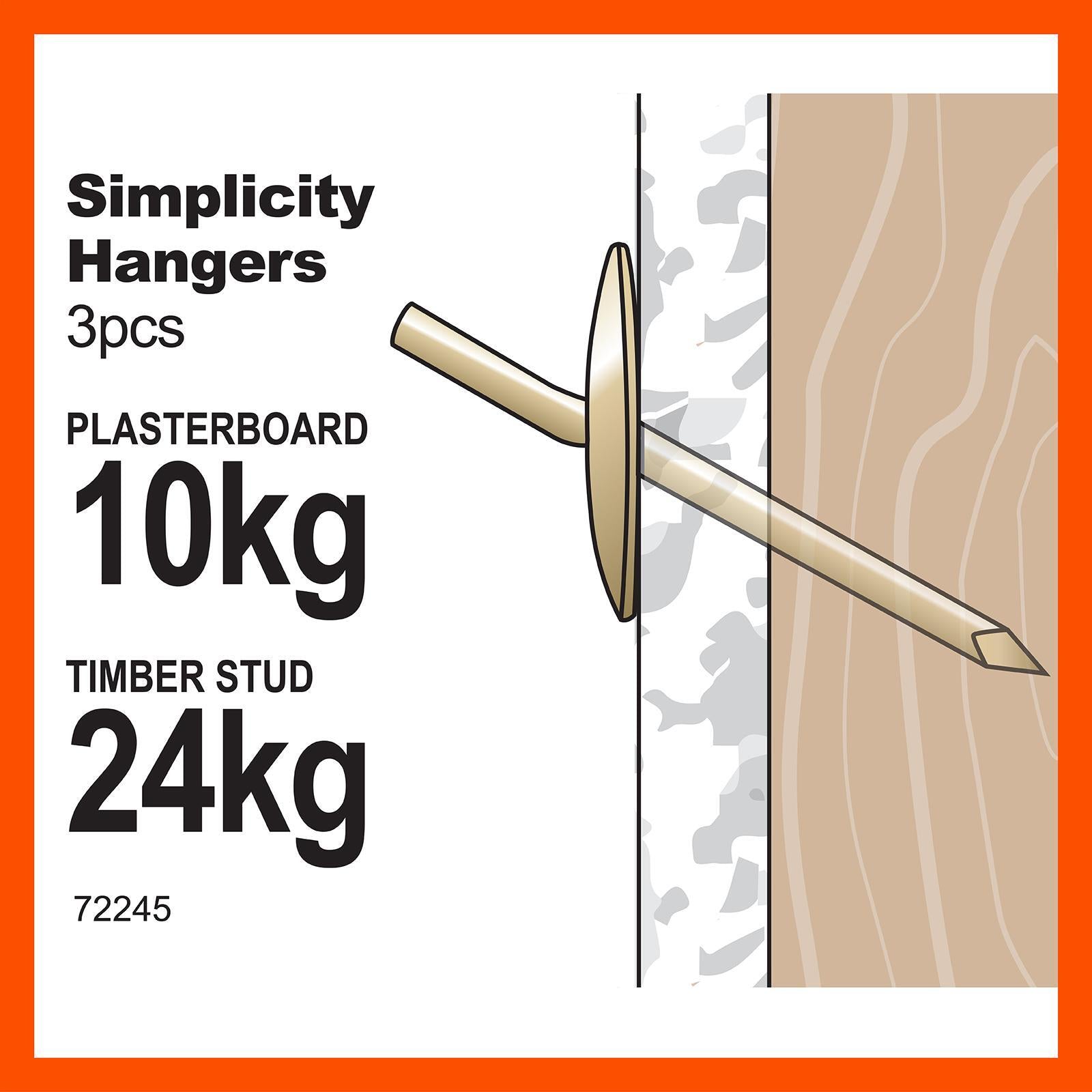 Everhang 24kg Heavy-Duty Brass Plated Steel Picture Hanging Simplicity Hook - 3 Pack