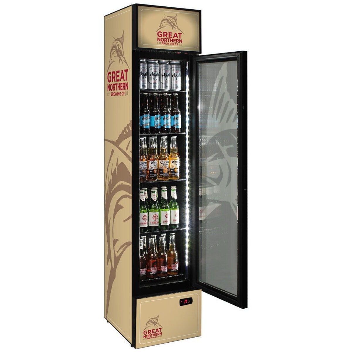 Schmick 160L Great Northern Gold Branded Skinny Upright Bar Fridge - 9 Star - SS-P160-GNBC-GOLD