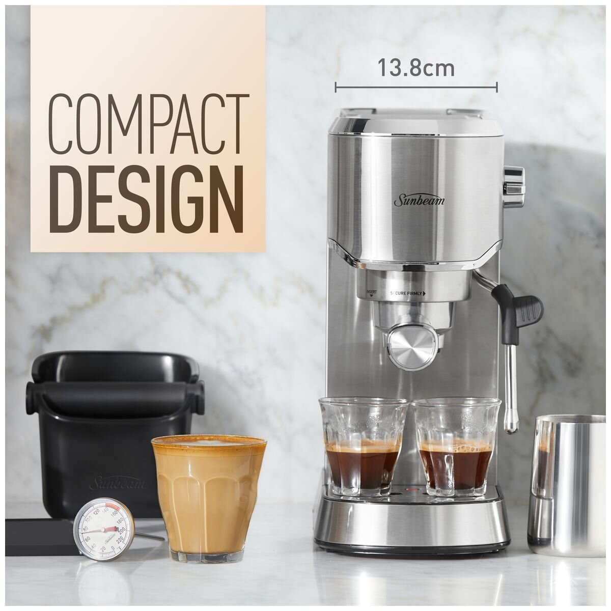 Sunbeam Compact Barista espresso machine 1L - Stainless steel, thermoblock heating, 15 bar pump - EMM2900SS