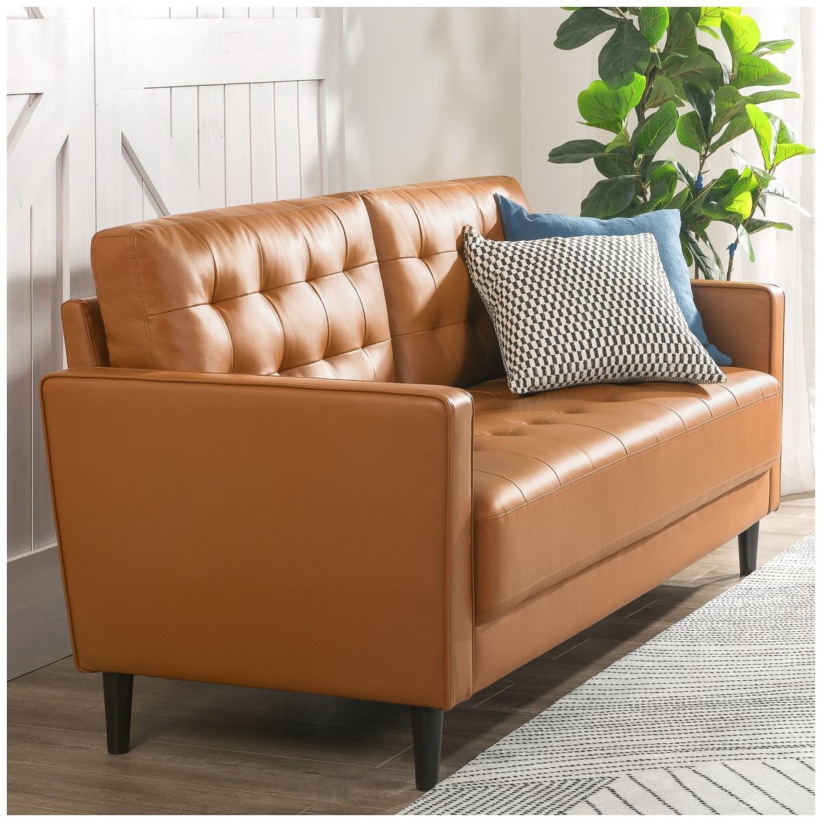 Zinus Benton 3 seater faux leather sofa - cognac, grid tufted, tapered wooden legs - AU-USSBTF-3CL