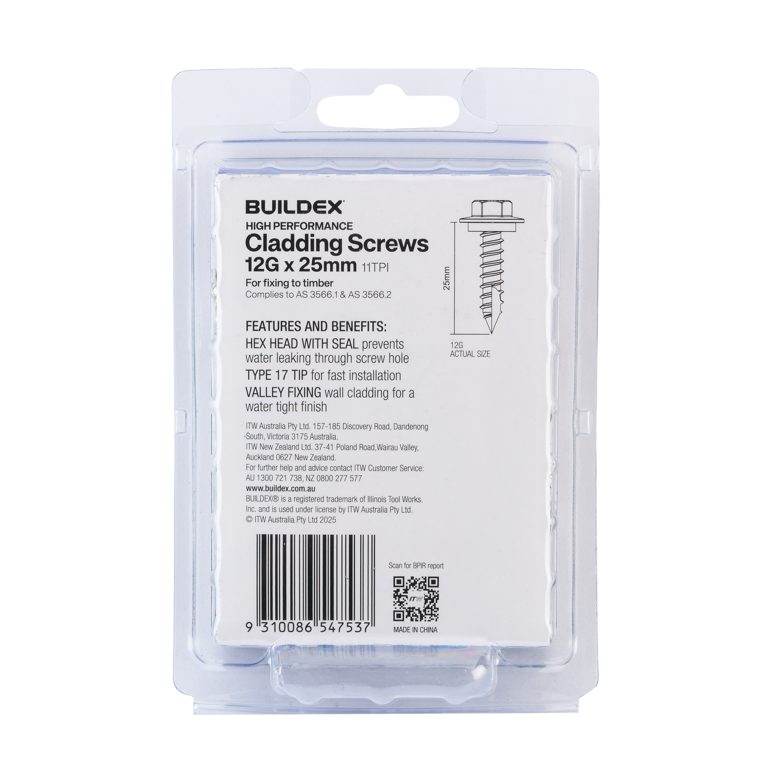 Buildex 12G x 25mm Class 3 Cladding Screws with Seal, Type 17 Hex Head - 50 Pack