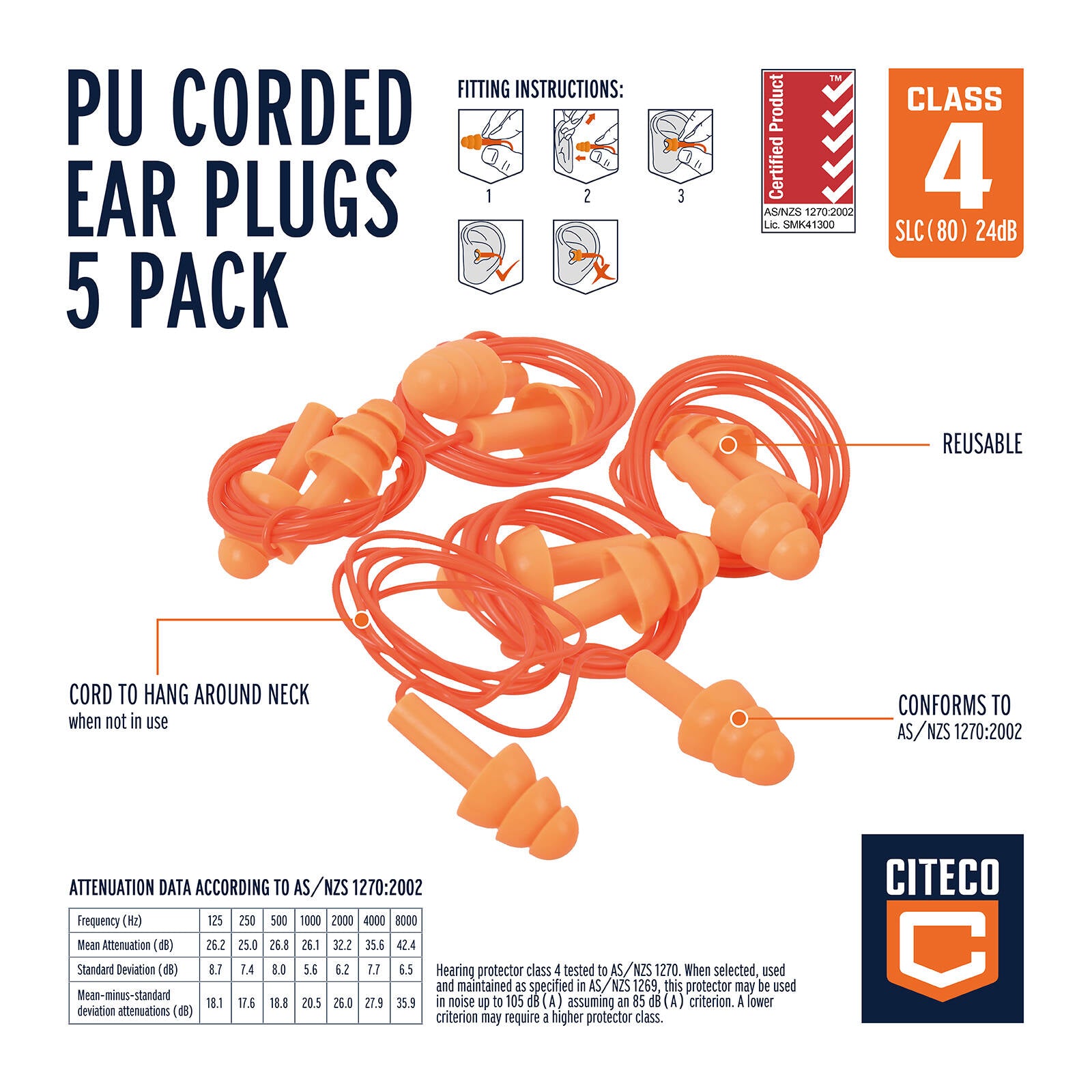Citeco Class 4 PU Corded Ear Plugs - 5 Pack
