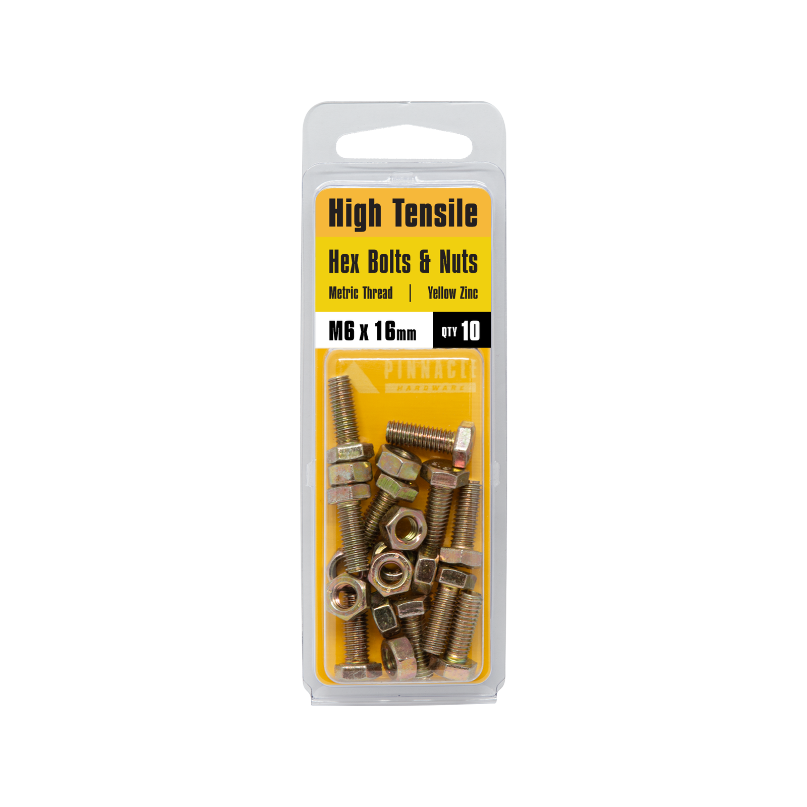 Pinnacle M6 x 16mm Hi-Tensile Hex Bolt and Nut - Yellow Zinc, 10 Pack