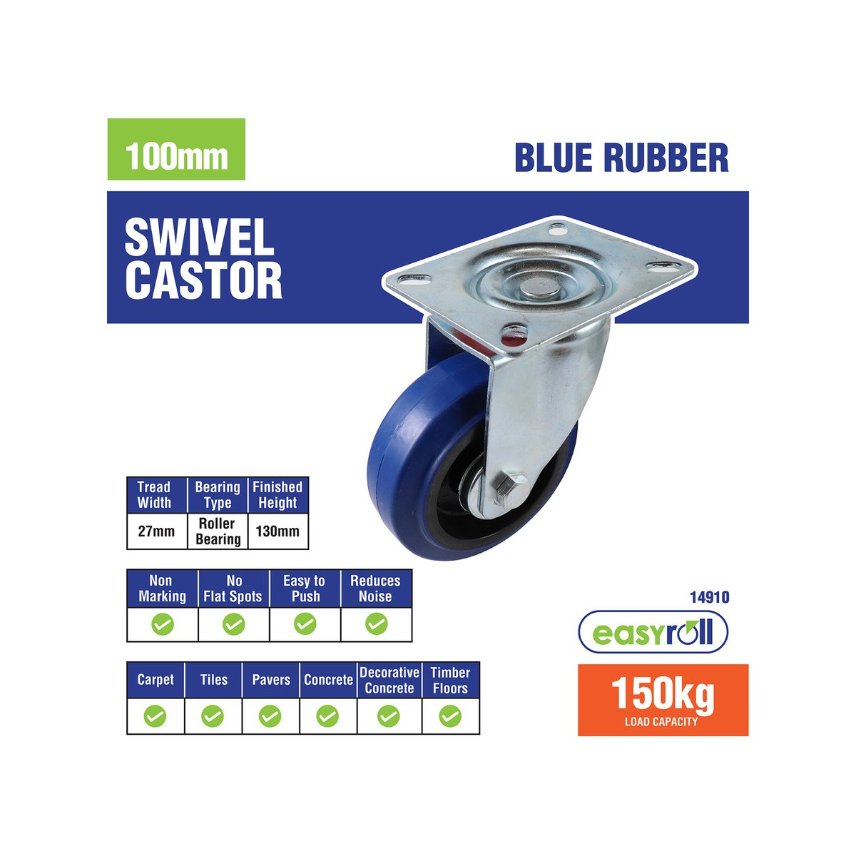 Easyroll Castor - 100mm - Blue Elastic Rubber - Heavy Duty - SuperSaverAU - view 5