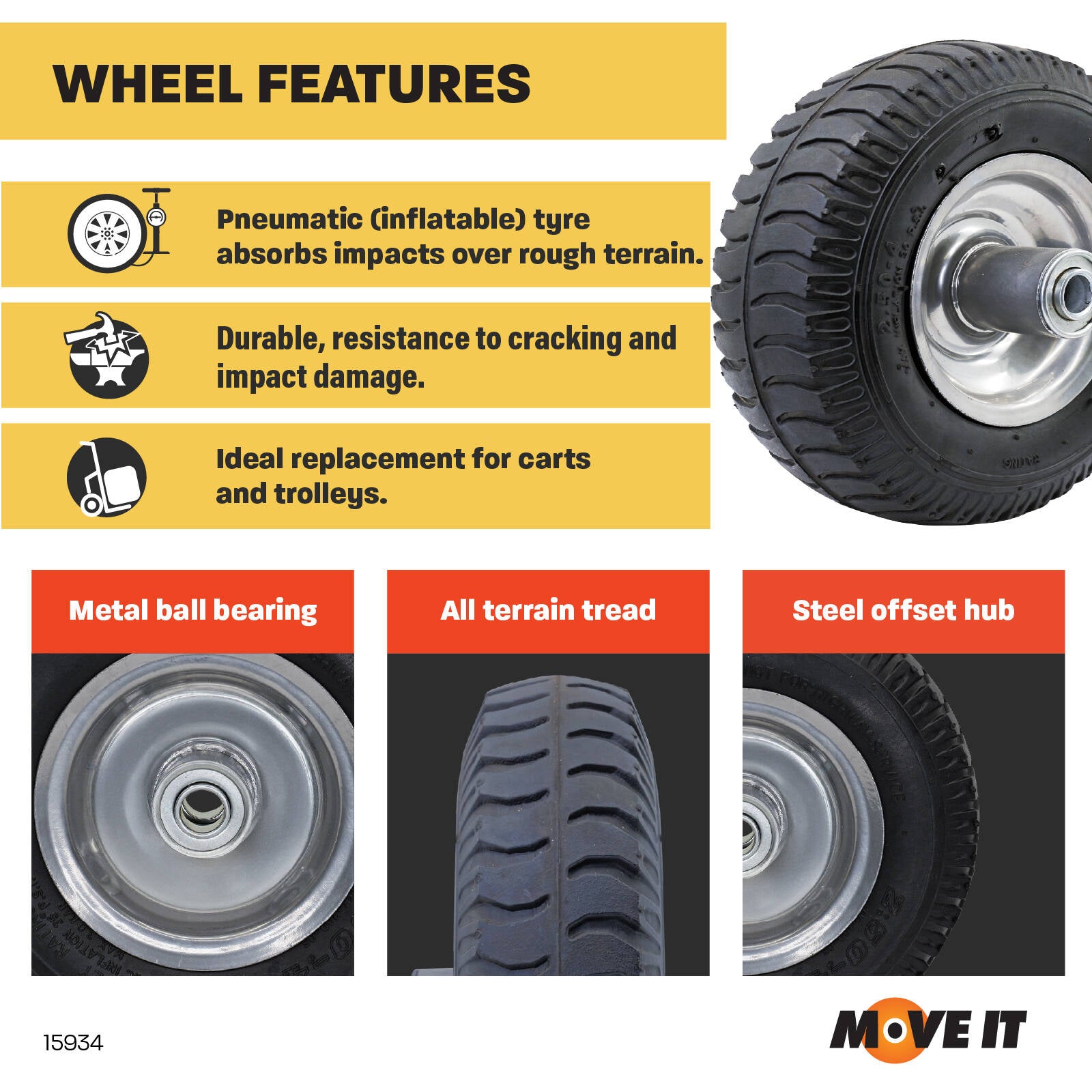Move It 250 x 4" Pneumatic Wheel, 5/8" Bearing, Offset Steel Hub, 100kg