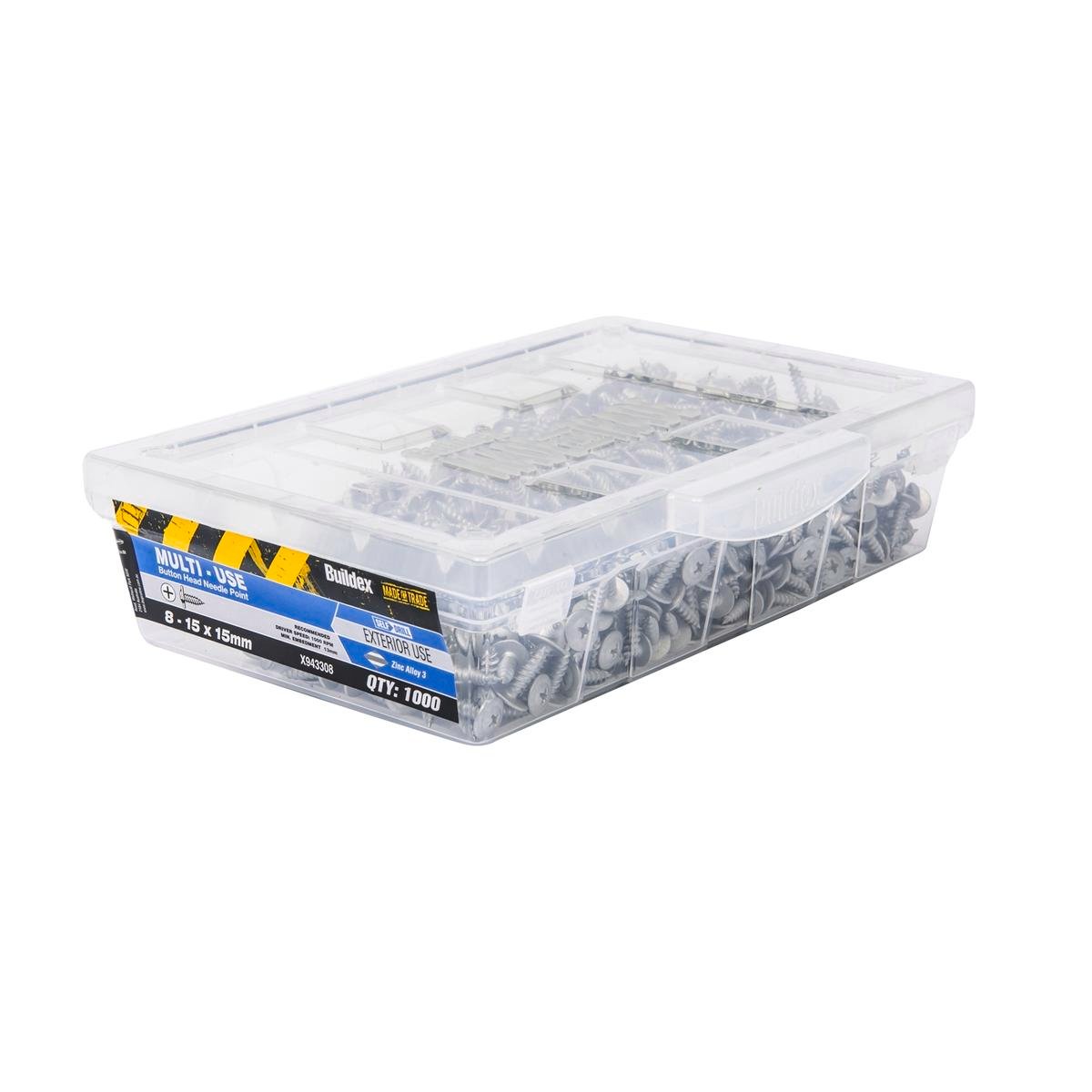 Buildex 8-15 x 15mm Galvanised Button Head Needle Point Screws - 1000 Trade Box