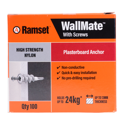 Ramset Nylon Wallmate Plasterboard Anchor with Screws 100 Pack - 75mm x 70mm x 40mm - Easy Installation, Non-Conductive - SuperSaverAU - view 1