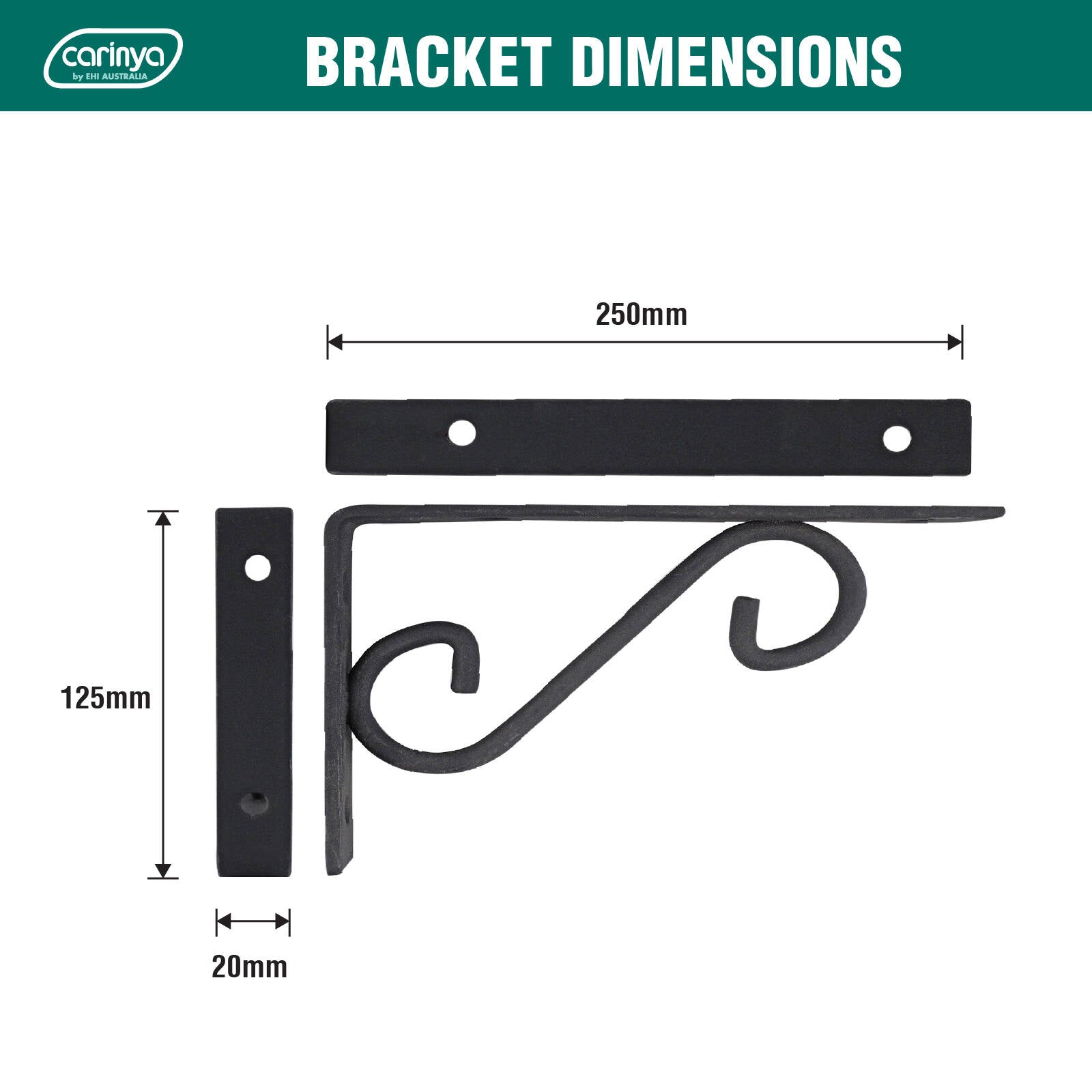 Carinya 250 x 125mm Black Powder Coated Steel Scroll Stayed Bracket 80kg