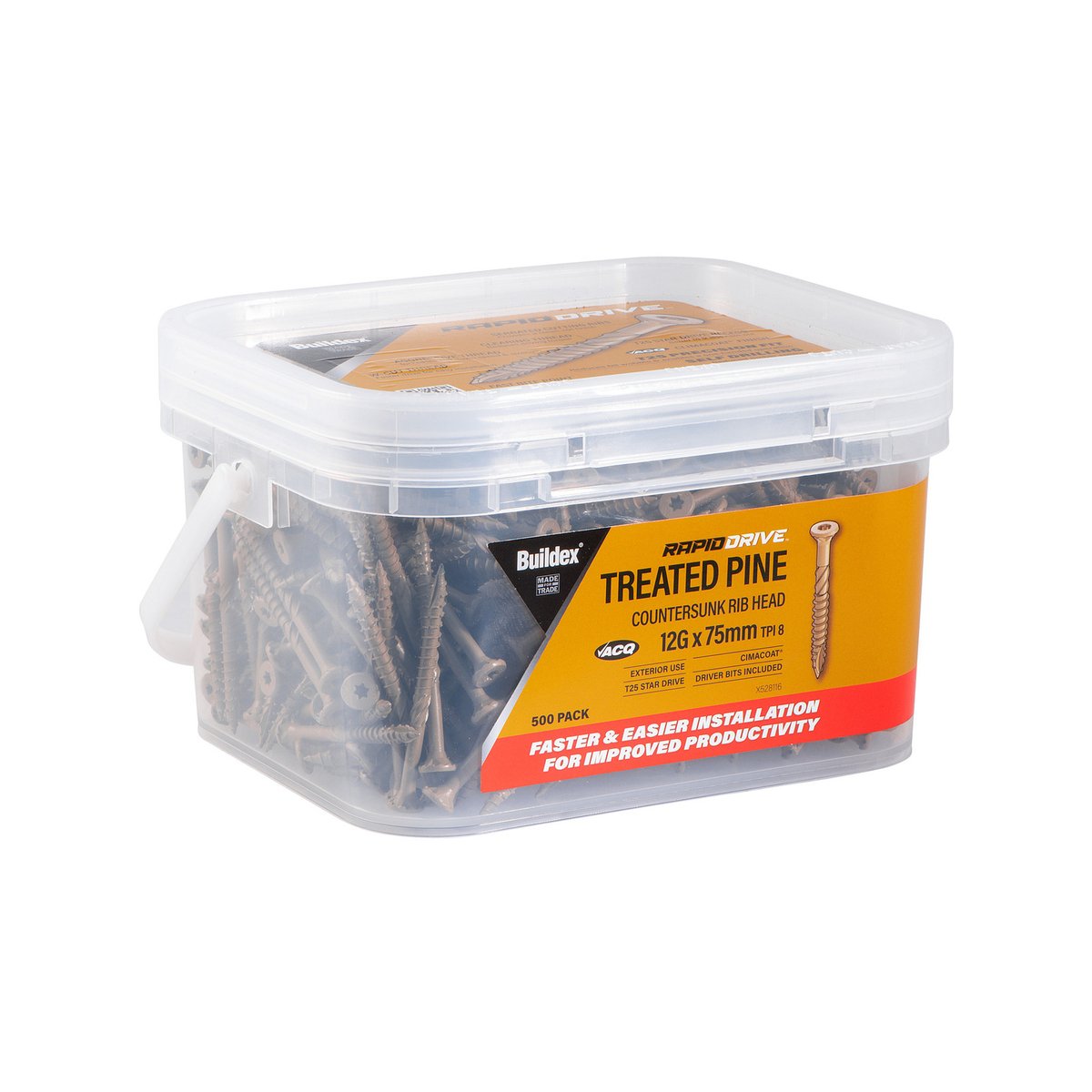 Buildex 12g x 75mm RapidDrive Treated Pine Climacoat Screws - Box of 500