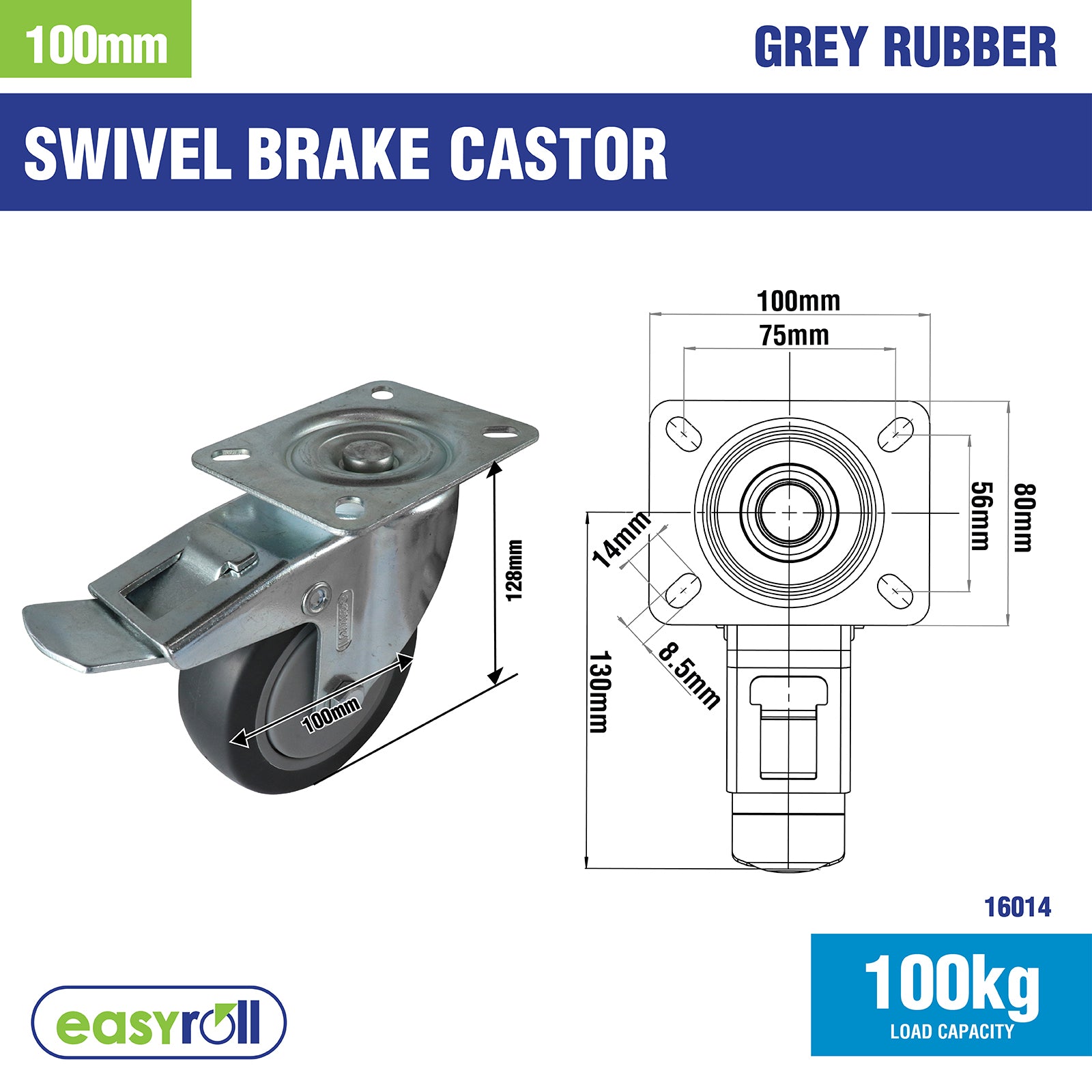 Easyroll 100mm Grey Rubber Heavy Duty Swivel Brake Castor 100kg