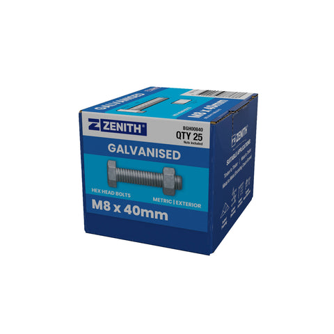 ZENITH M8 x 40mm Hot Dip Galvanised 4.6 Grade Hex Head Bolts and Nuts - 25 Pack