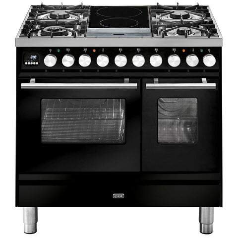ILVE 90cm Dual Fuel Freestanding Double Oven - Gas and Induction Cooktop, 108L, Gloss Black - PD09IDWE3BK