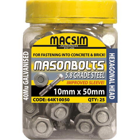 Macsim 10 x 50mm Galvanised Masonry Sleeve Anchor, Hex Nut - 25 Pack