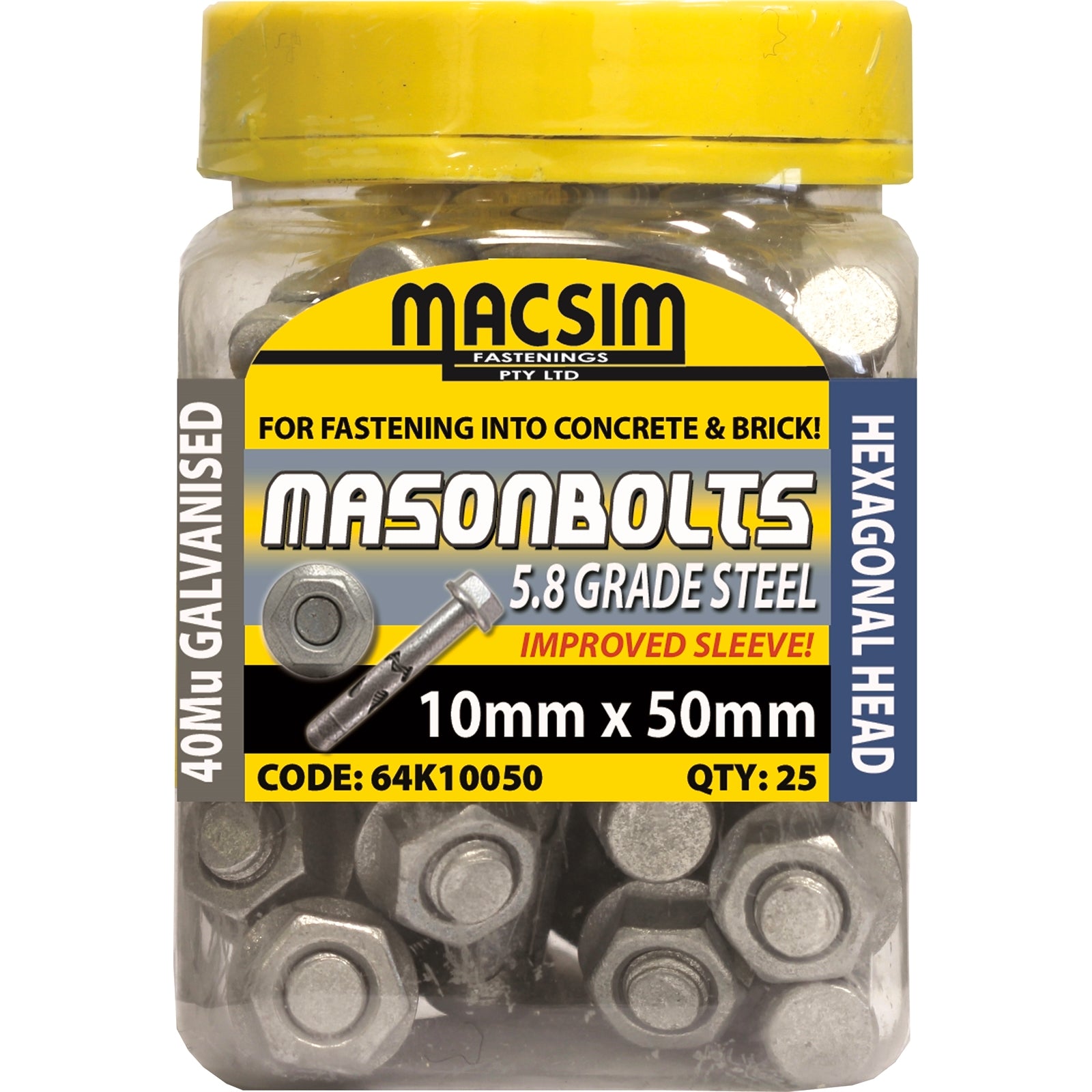 Macsim 10 x 50mm Galvanised Masonry Sleeve Anchor, Hex Nut - 25 Pack