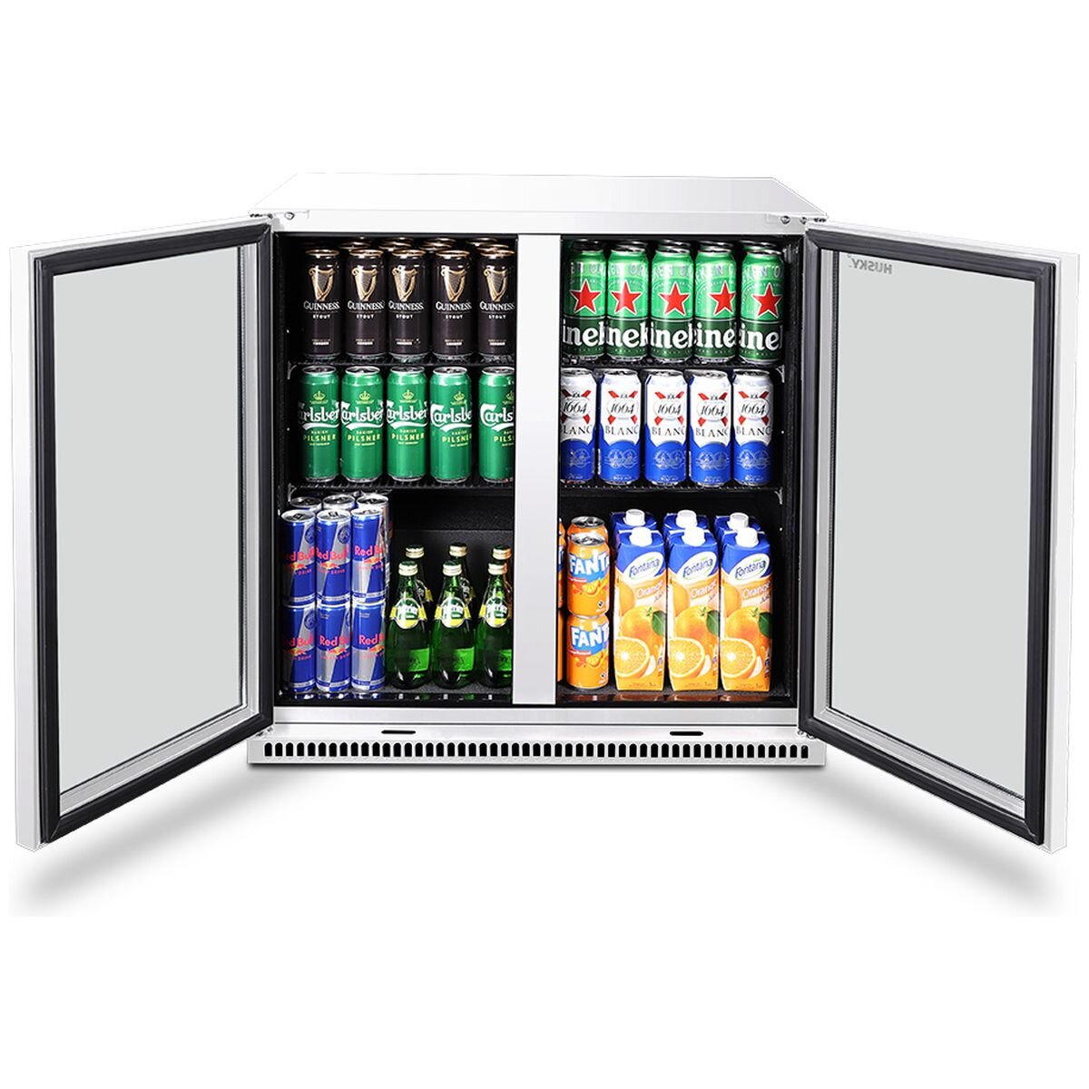 Husky 203L Double Door Home Bar Drinks Chiller - White, Low-E Glass, Manual Dial Control - C2HHMBWHAU
