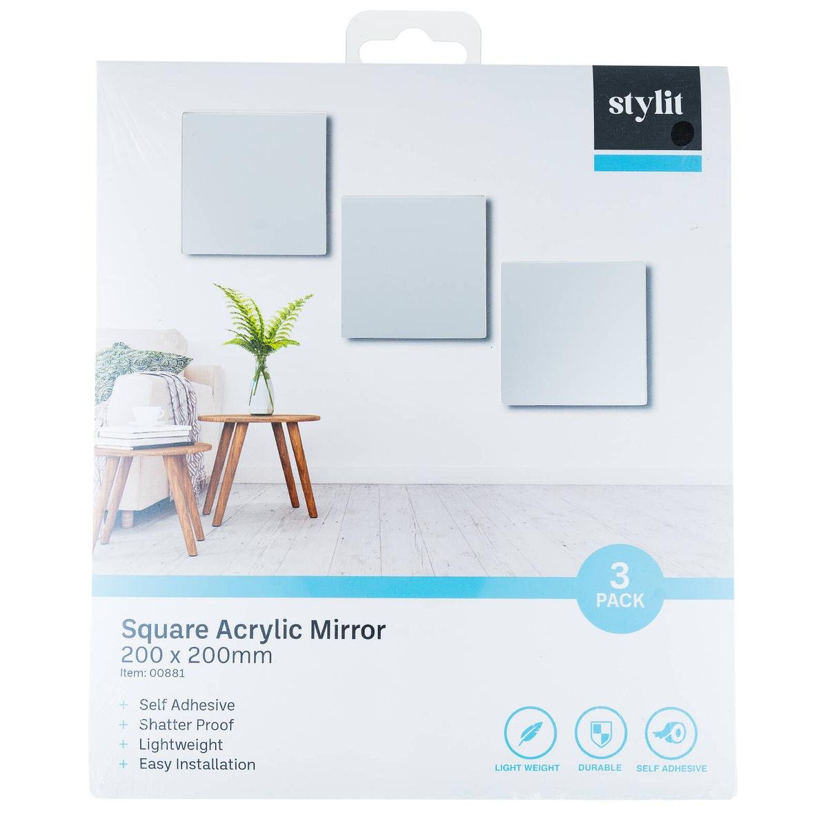 Stylit 200 x 200mm Square Acrylic Mirror, Self-Adhesive, Wall Hung