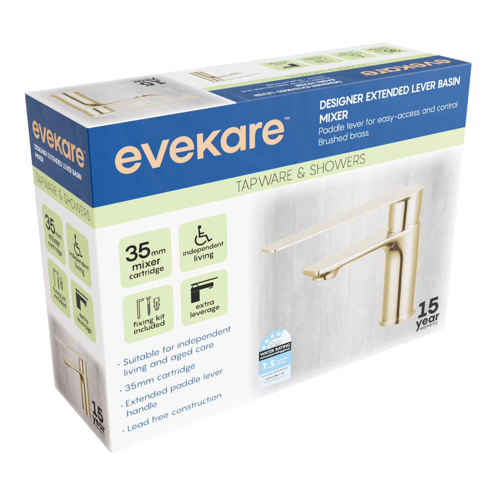 evekare Brushed Brass Extended Lever Basin Mixer 7.5L/min 4 Star WELS