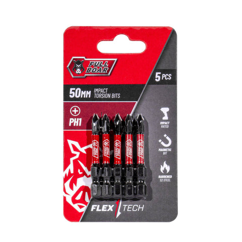 Full Boar PH1 x 50mm S2 Steel Magnetic Impact Torsion Bit 5 Pack
