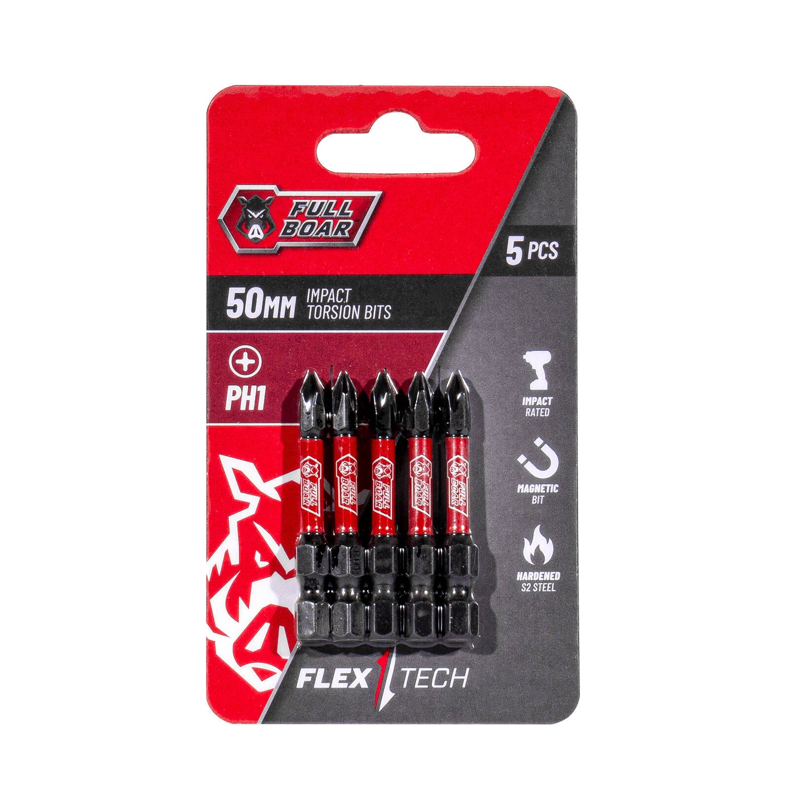 Full Boar PH1 x 50mm S2 Steel Magnetic Impact Torsion Bit 5 Pack