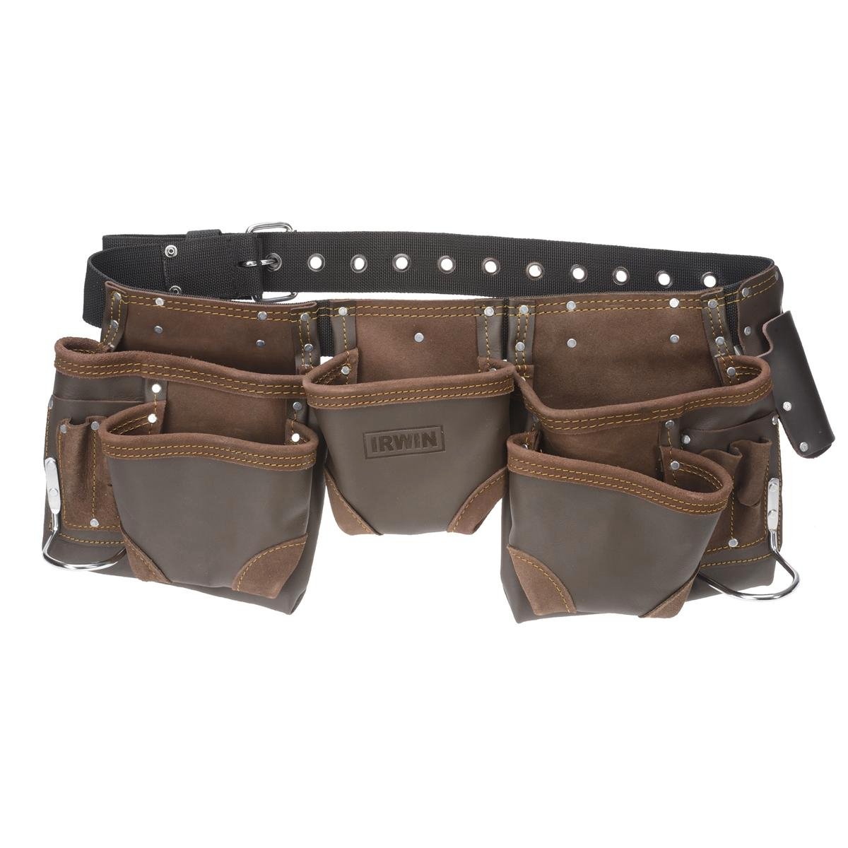 Irwin 11 Pocket Split Leather Tool Belt, Double-Stitched, Adjustable Nylon Belt, with Tape Holder
