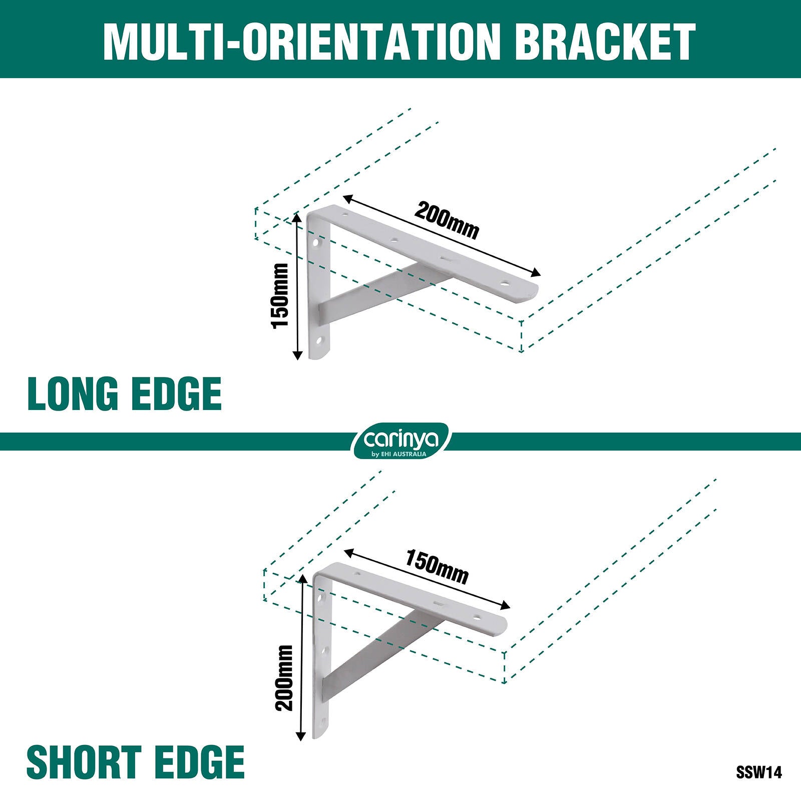 Carinya Heavy Duty Straight Stayed Bracket 200x150mm White Steel
