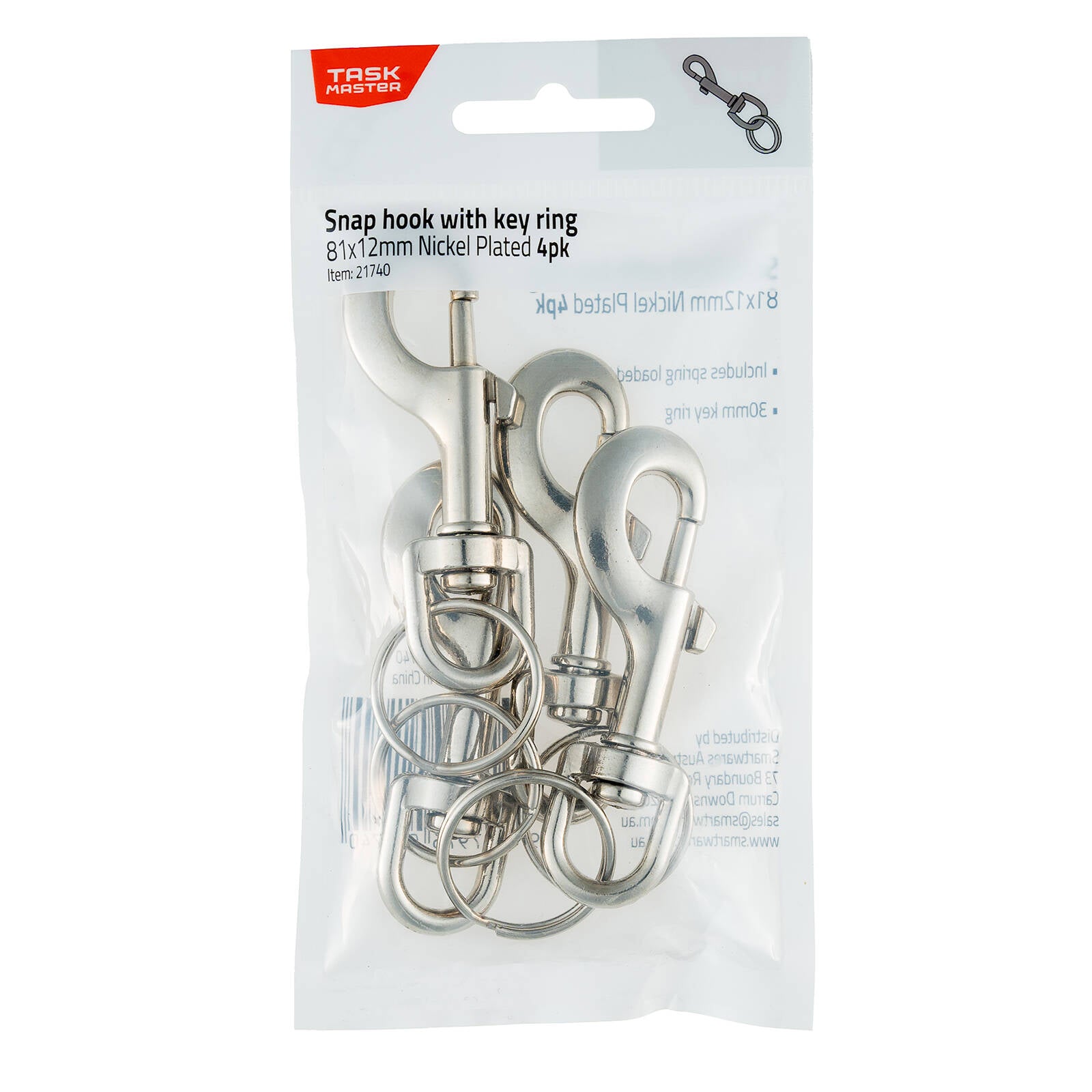 Taskmaster Nickel Plated Zinc Snap Hook with Key Ring 81 x 12mm - 4 Pack