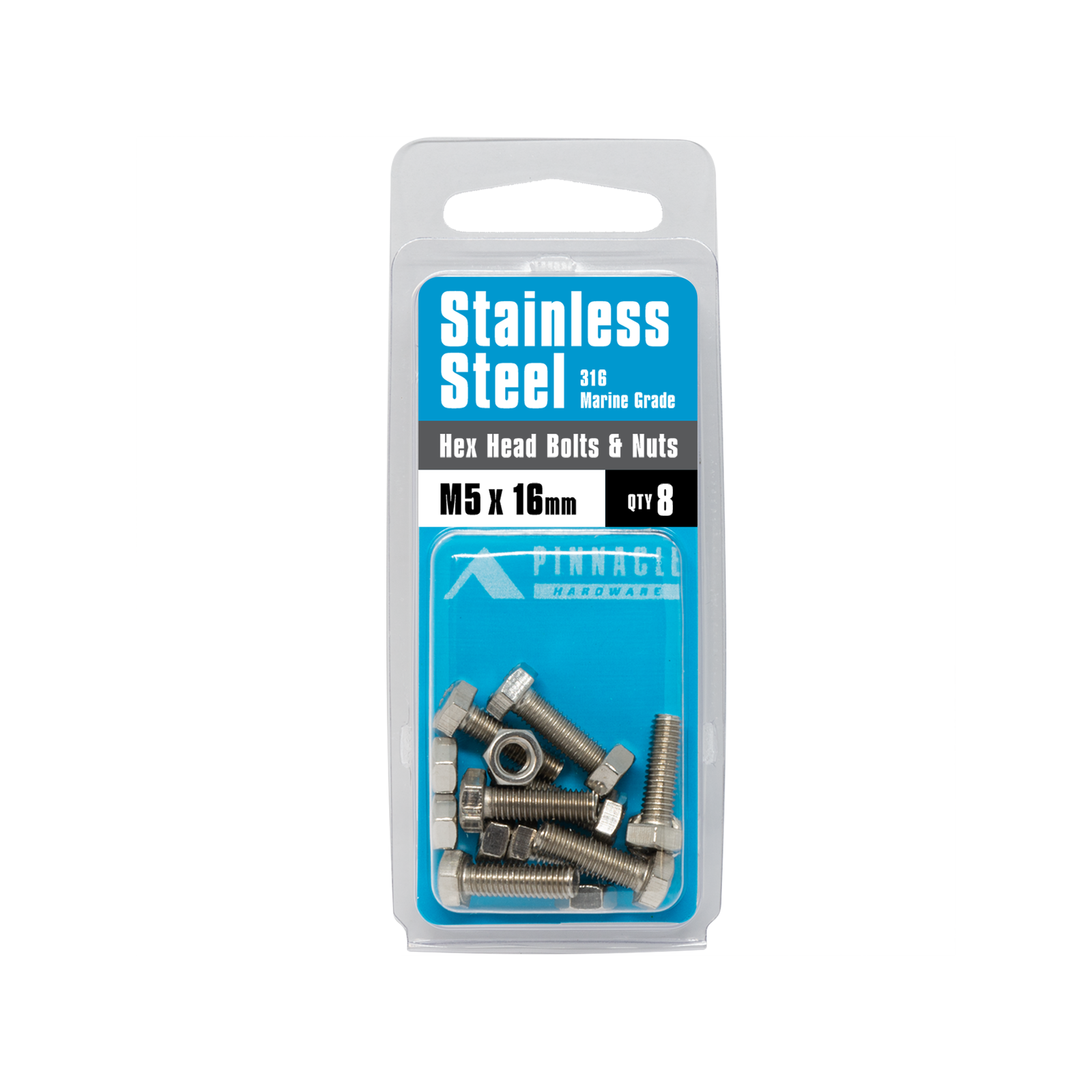 Pinnacle Hardware M5 x 16mm 316 Stainless Steel Hex Head Bolts And Nuts 8 Pack