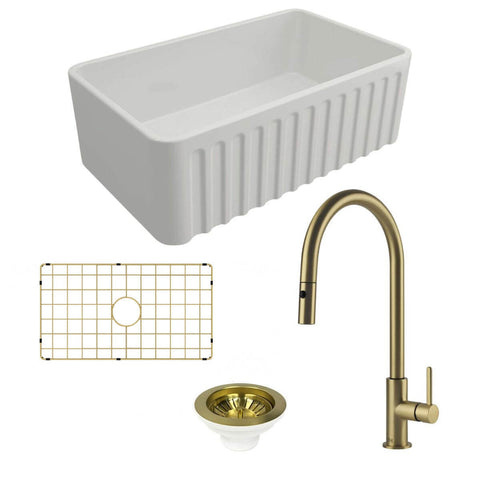 Turner Hastings Novi 75 Butler Sink Pack - Brushed Brass Naples Pull Out Mixer Tap - PKG021