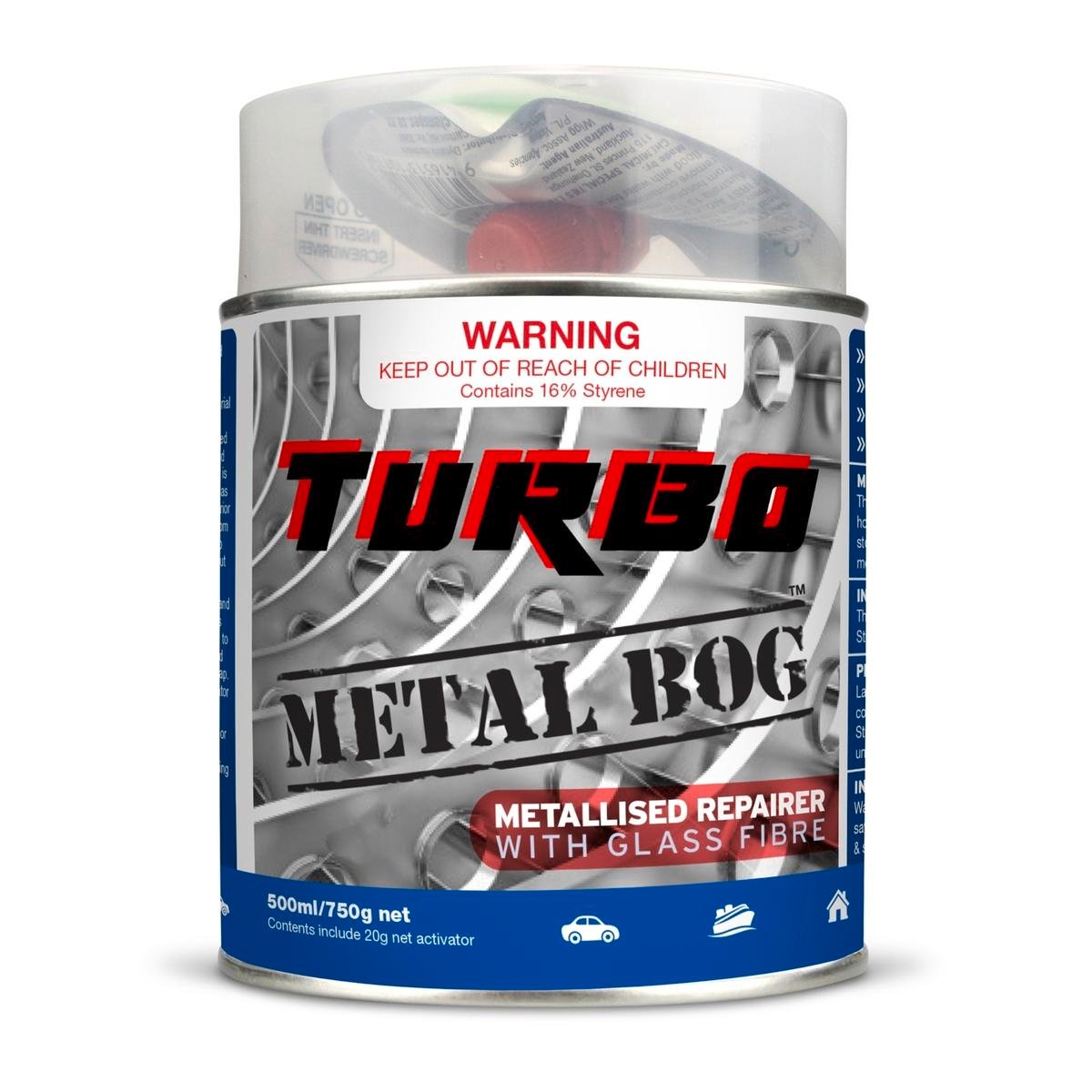 Turbo 500ml Metal Builders Bog Polyester Filler, Grey, Sandable, UV Resistant, Indoor & Outdoor