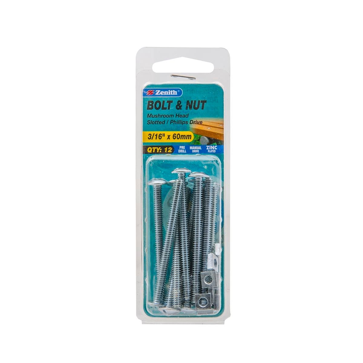 Zenith 3/16" x 60mm Zinc Plated Mushroom Head Bolt and Nut - 12 Pack