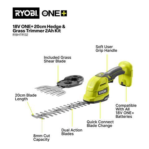 Ryobi 18V ONE+ Hedge and Grass Shears Cordless Kit, 200mm Blade, 2.0Ah R18HTR132
