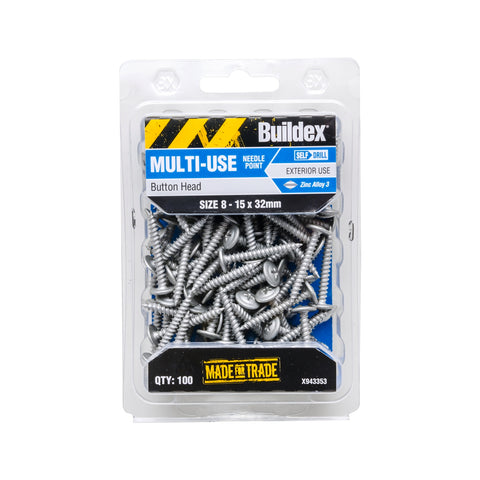 Buildex 8-15 x 32mm Galvanised Button Head Needle Point Screws - 100 Pack