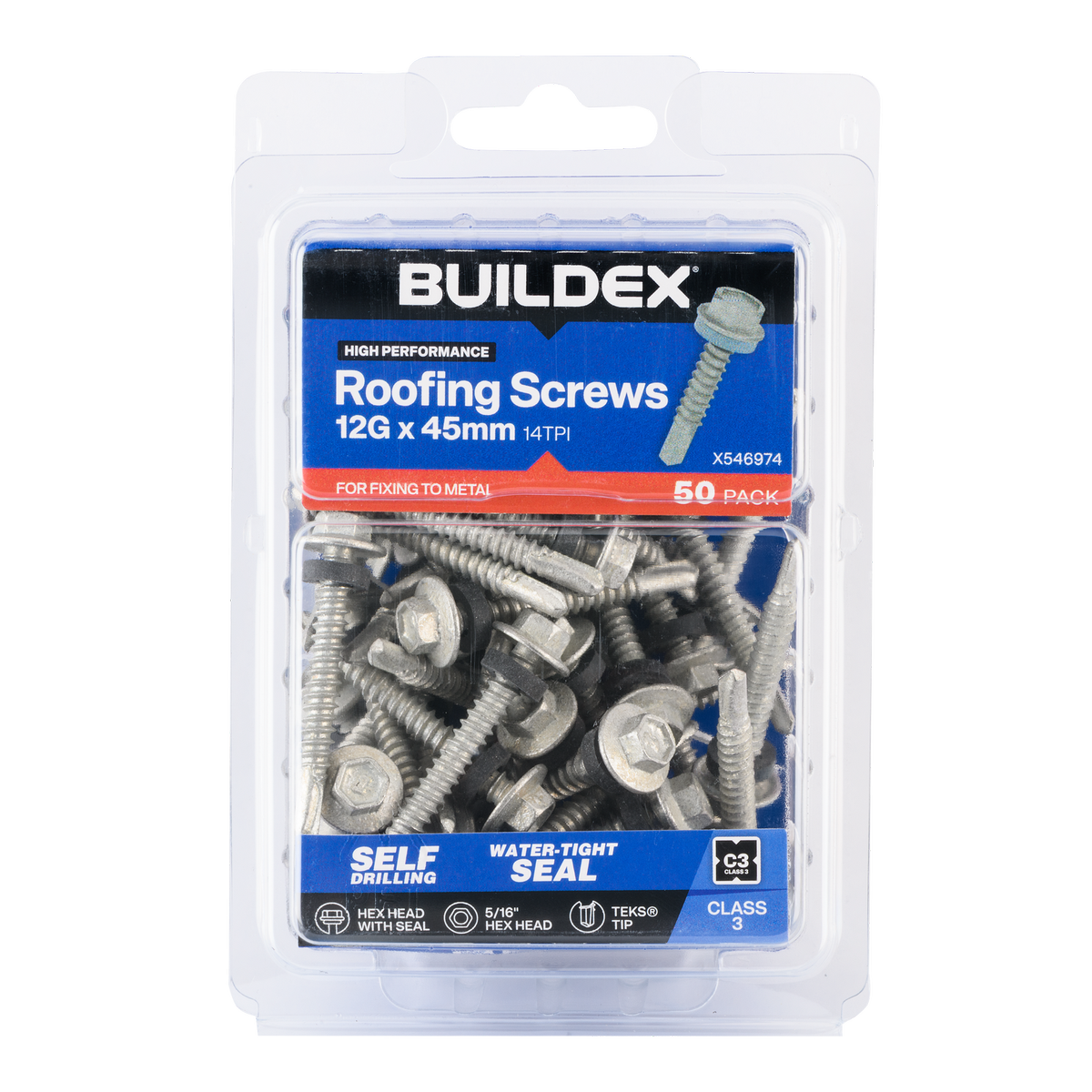 Buildex 12g x 45mm Roofing Teks Screws - 50 Pack - Class 3 Corrosion Protection - SuperSaverAU - view 1