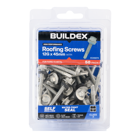 Buildex 12G x 45mm Class 3 Roofing TEKS Screws with Seal, Hex Head - 50 Pack