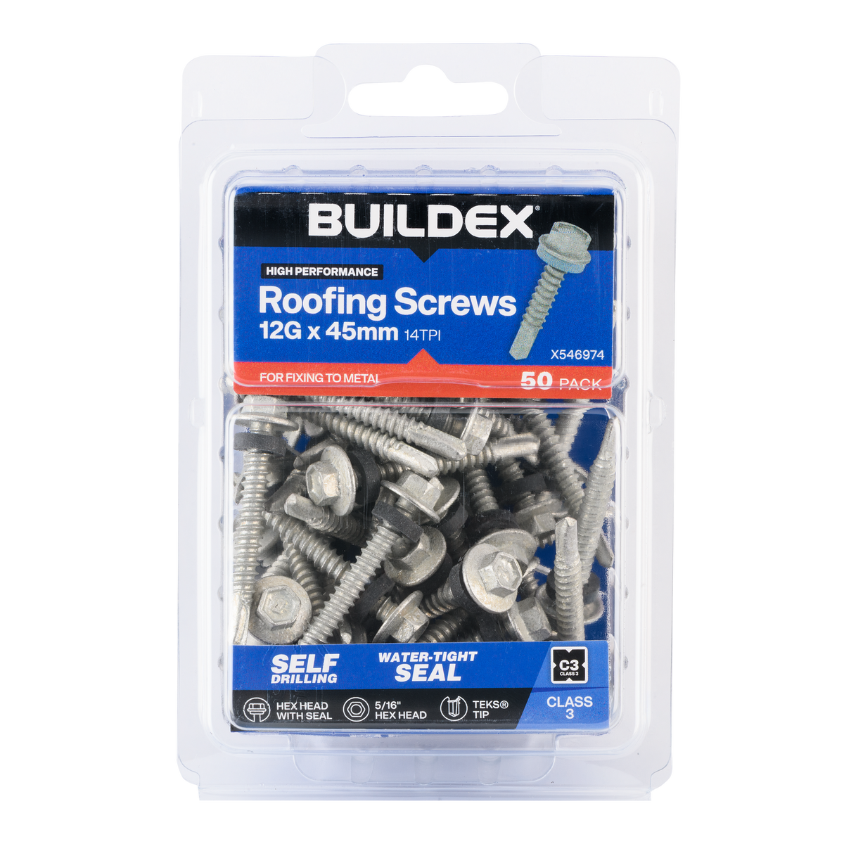 Buildex 12G x 45mm Class 3 Roofing TEKS Screws with Seal, Hex Head - 50 Pack