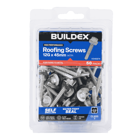 Buildex 12G x 45mm Class 3 Roofing TEKS Screws with Seal, Hex Head - 50 Pack