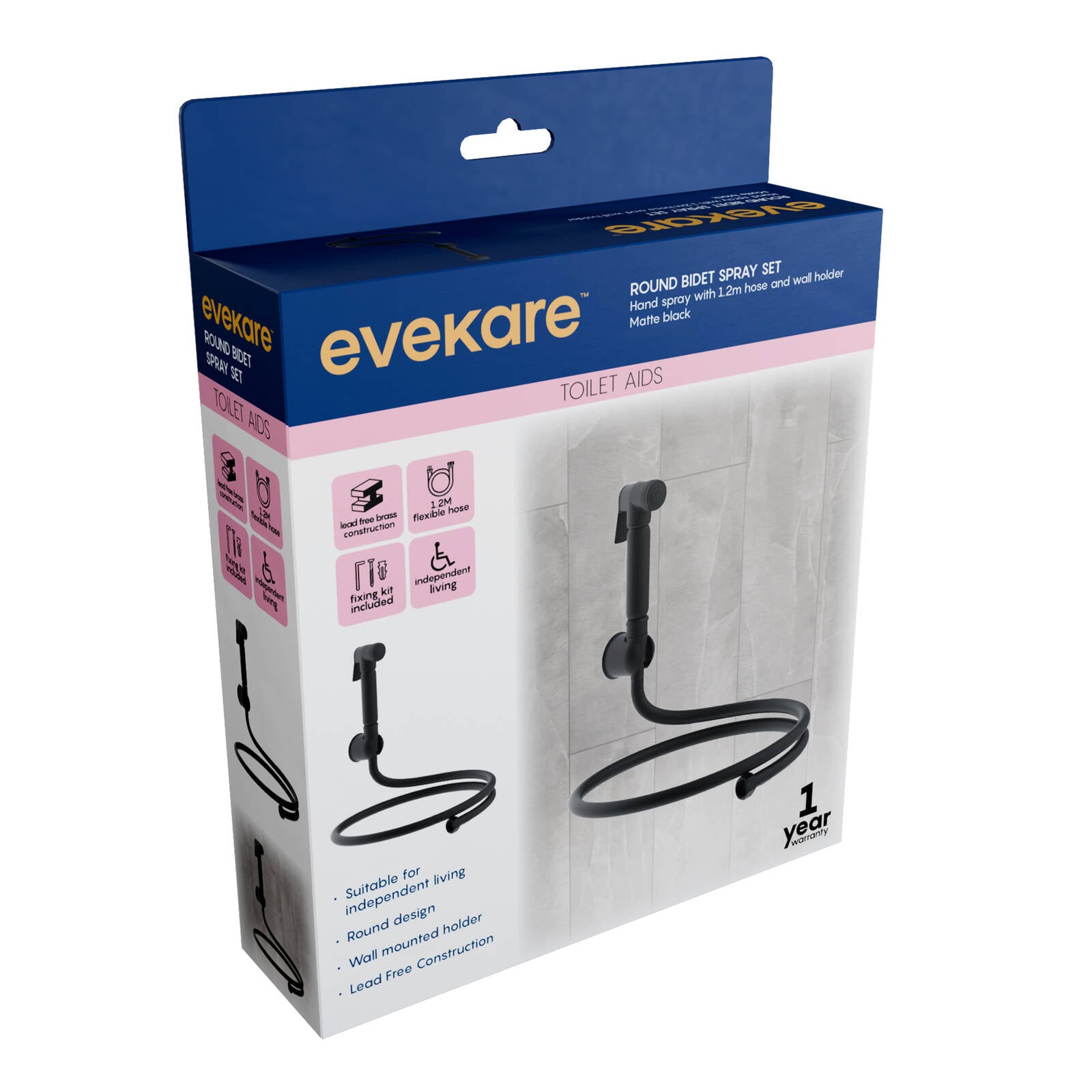 evekare 1.2m Matte Black PVC Bidet Spray with Holder Lead Free