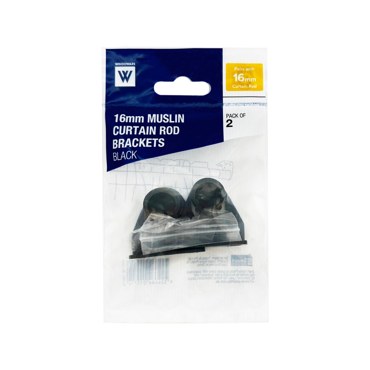 Windoware 16mm Black Curtain Rod Muslin Bracket - 2 Pack