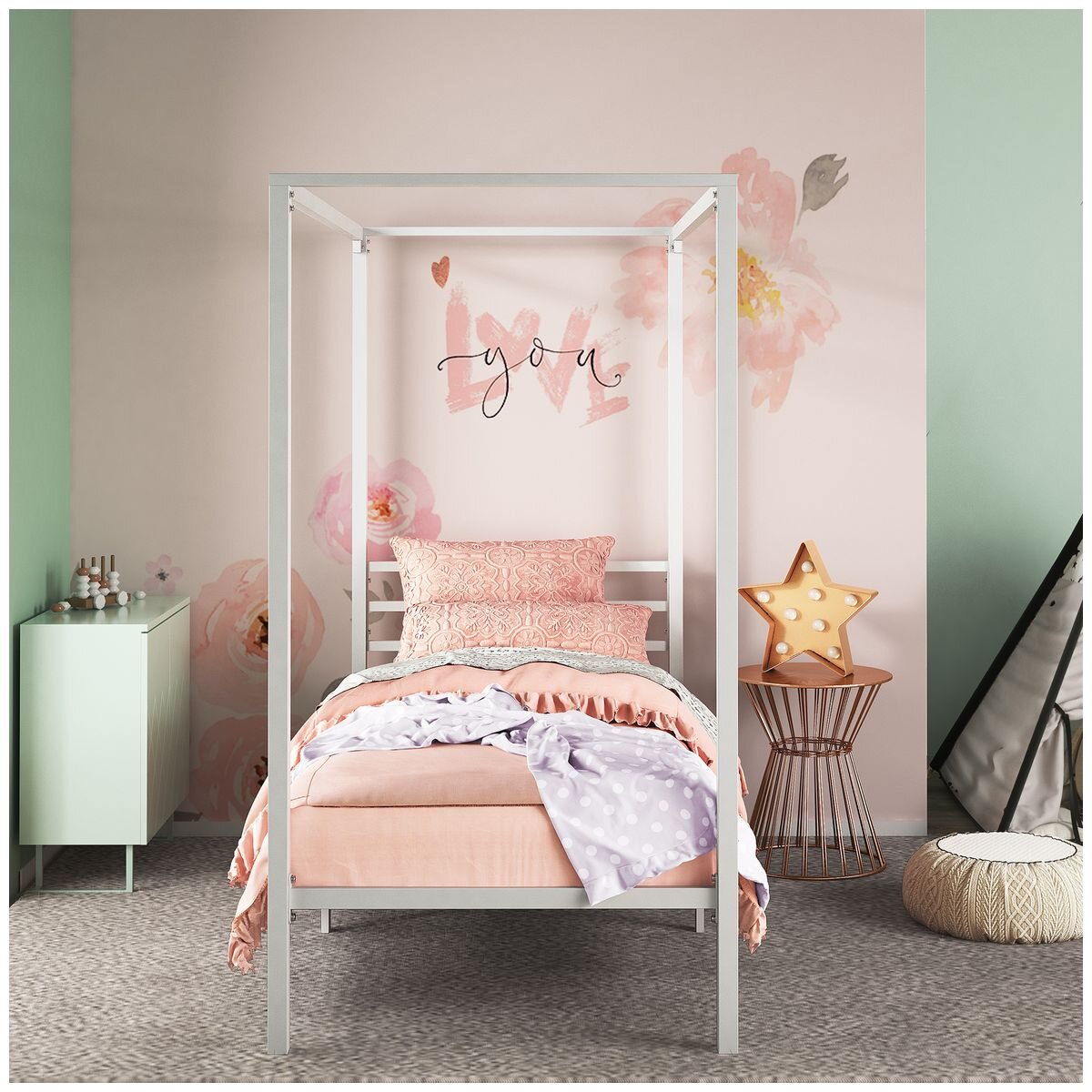 Zinus Patricia King Single Metal Canopy Bed Frame - White Steel Frame, 5 Year Warranty - AU-FBMCW1ZC-14B