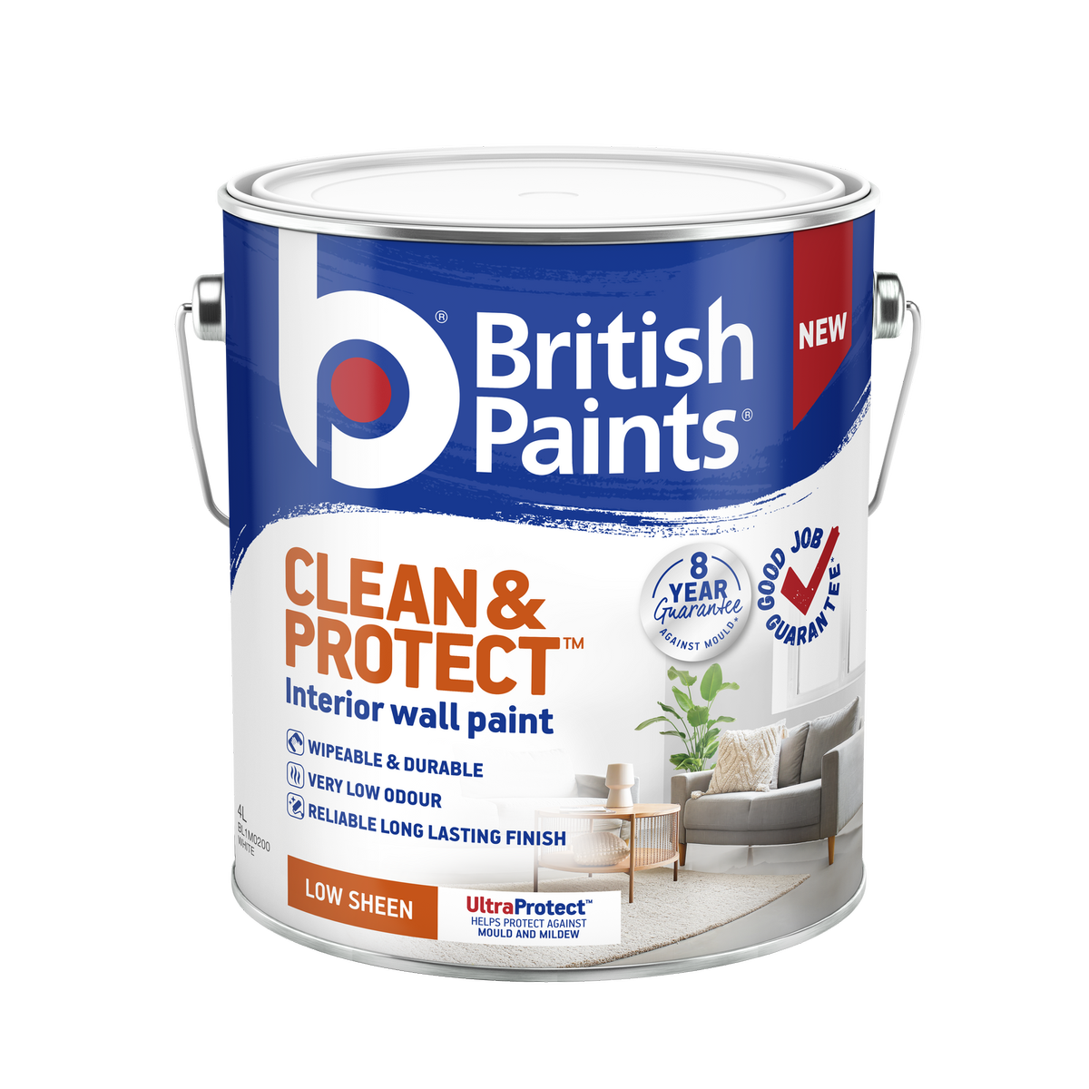 British Paints Clean and Protect Low Sheen Interior Paint 4L - White - Wipeable Finish - 8-Year Mould Guarantee - SuperSaverAU - view 1
