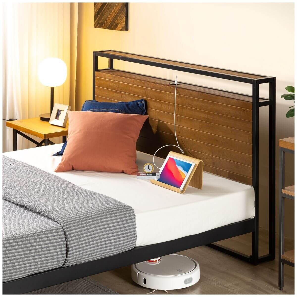 Zinus Ironline King wood and metal bed frame - headboard shelf, built-in USB ports, brown - AU-IRPBHS-14K