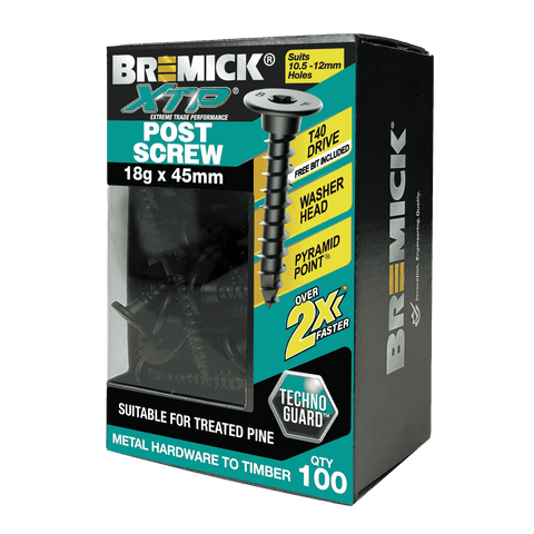 Bremick XTP 18g x 45mm T40 TechnoGuard Black Post Screws - 100 Pack