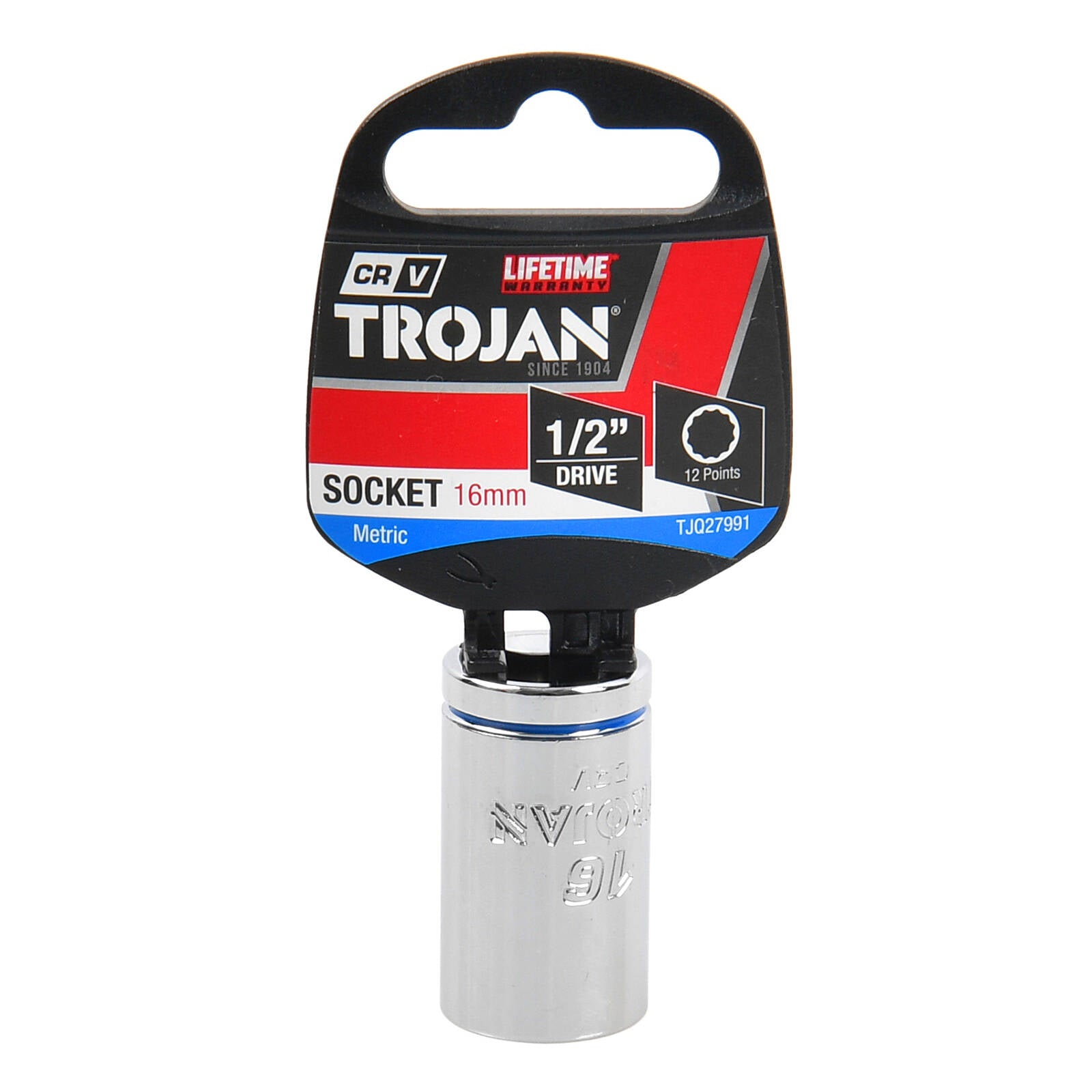 Trojan 16mm Socket 1/2" Drive, Chrome Vanadium 12 Point Metric