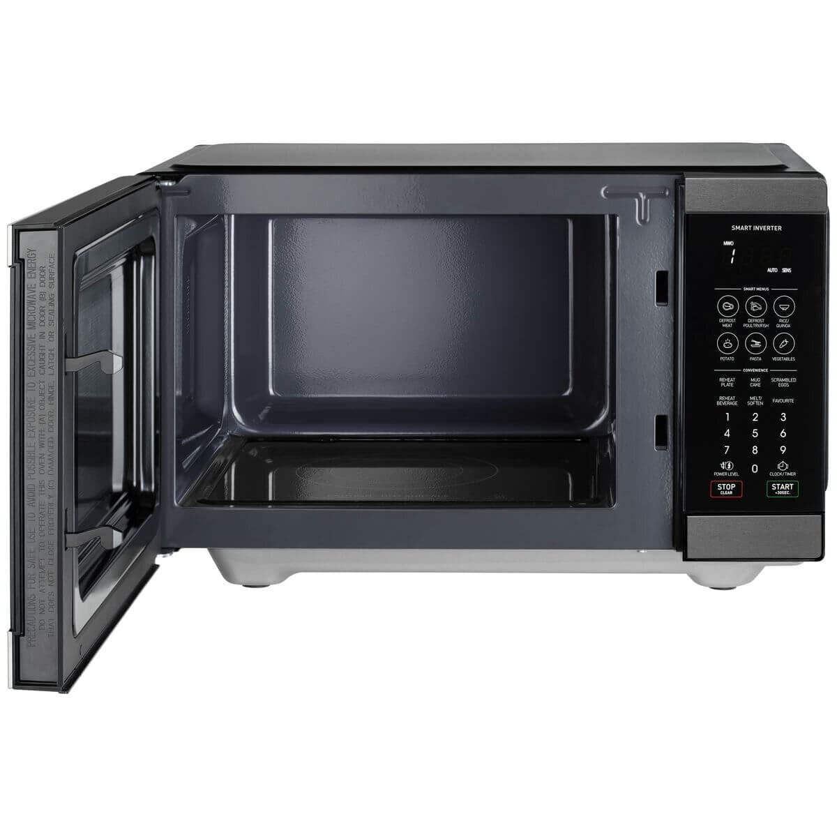 Sharp 26L 900W Flatbed Inverter Microwave - Black Steel, 23 Auto Menus, Defrost by Weight - SM267FHBS