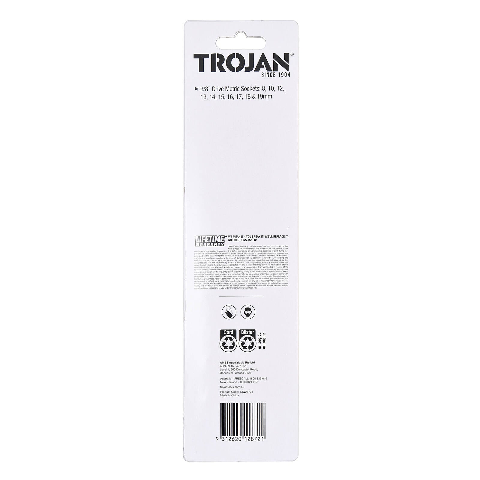 Trojan 10 Piece 3/8" Drive Metric Socket Rail Set 8mm-19mm, Chrome Vanadium